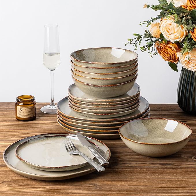 GBHOME Stoneware Dinnerware Sets for 6,18 Piece Rustic Plates and Bowls Set | Earthenware Handmade Reactive Glaze Plate Sets, Chip Resistant Ceramic Dishes, Microwave & Dishwasher Safe, Driftwood Taupe