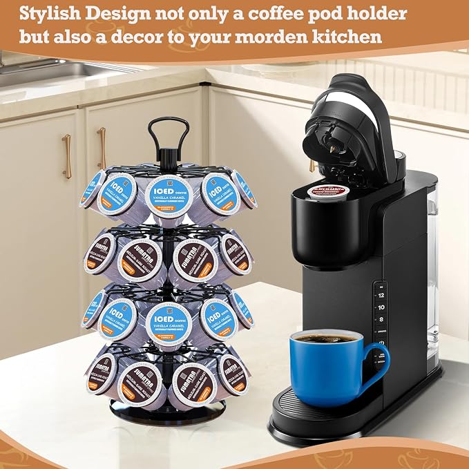 K Cup Holder,4-Tier Coffee Pod Holder Storage Organizer Stand,Holds 36 Pods | K Cup Carousel, 360°Rotating K Cup Organizer, Space-Saving for Countertop, K Cups Holder Easy Assembly, Glossy Black Finish