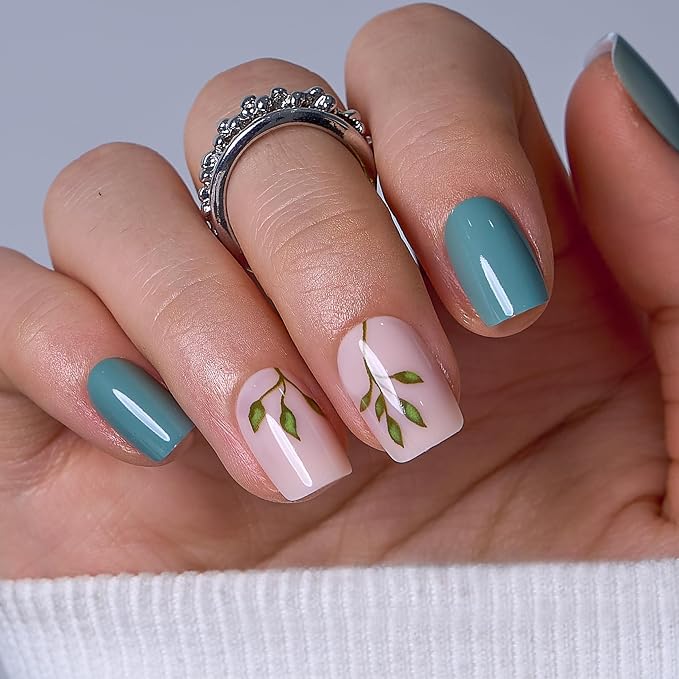CurvLife Short Square Press On Nails, Bamboo Green, Soft Gel | 32PCS, 16 Sizes, Salon-Quality Natural Fake Nails, Curved Fit, 7-14 Day Glue-On Wear, Reusable Stick-On Nails, Press-On Kit