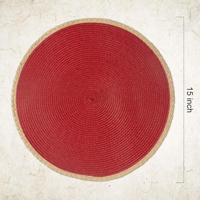 Round Placemats Set of 4, Woven Table Mats, Thin Edge, Red | Braided Paper Edge, 15 Inch Diameter, Fits Dinner Plate and Flatware, Wipeable, Heat Resistant, Indoor Dining, Outdoor Patio