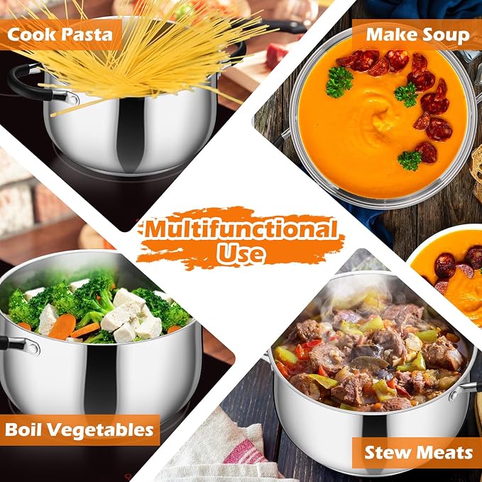 P&P CHEF 8 Quart Stainless Steel Stock Pot, Cooking Pot with Visible Lid | For Soup Pasta, Tri-Ply Bottom & Dual Heatproof Handles, For Induction Gas All Stoves, Non-Toxic & Dishwasher Safe