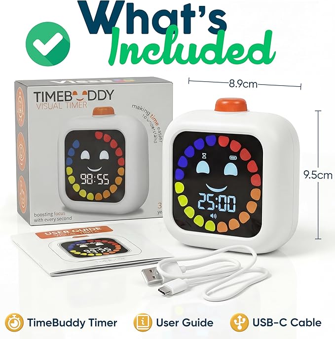 Digital Visual Timer for Kids - Calmer Routines & Transitions | Silent, Rechargeable, 99-Min Clock, Alarm, Countdown & Count-up; For Classroom, Home & Therapy - Builds Focus & Independence