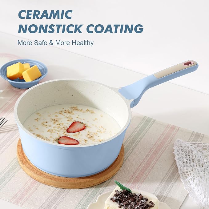 SENSARTE 2.5 QT Ceramic Nonstick Saucepan with Lid, PTFE/PFAS Free, Blue | Medium Cooking Pot with Stay Cool Handle, Induction Compatible Saucepot, Ceramic Coating