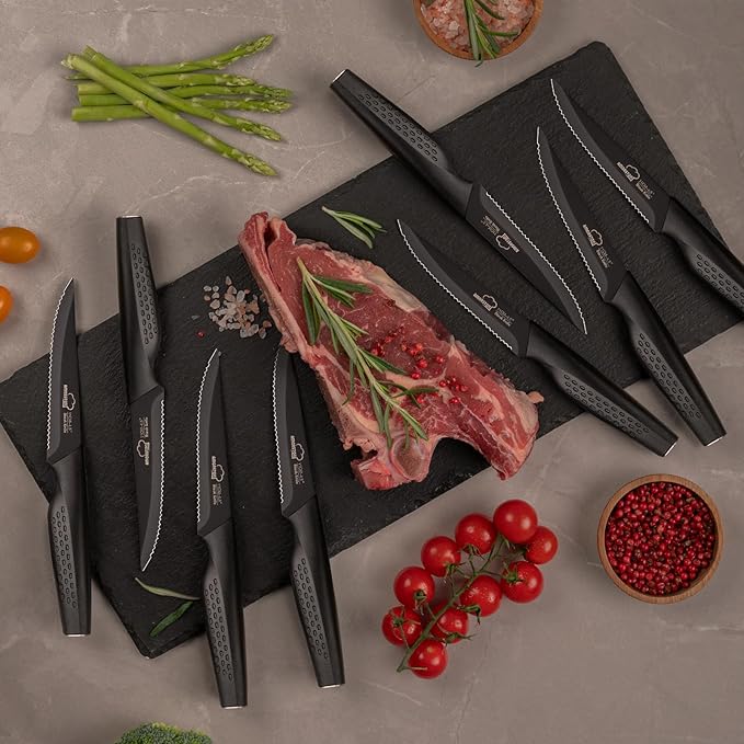 Steak Knives, Steak Knives Set of 8, Stainless Steel Steak Knife Set, Serrated Knives Dishwasher Safe, Elegant Black Mothers Day Gifts for Women