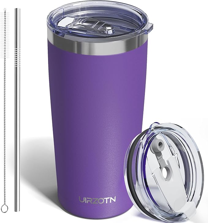 20oz Travel Coffee Tumbler with 2 Lids and Straw, Stainless Steel | Double Wall Vacuum Insulated Tumbler, Coffee Mug for Hot & Cold Drinks, Fits Most Car Cup Holders, Purple