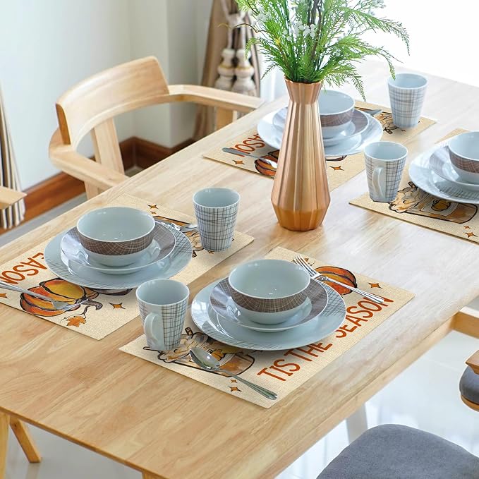 Fall Football Placemats Set of 4 18x12 Inch Autumn Rugby Pumpkins Leaves Linen Place Mats Heat-Resistant Washable Wipeable Tis The Season Table Mat for Party Kitchen Dining Room Dinner Table Decor
