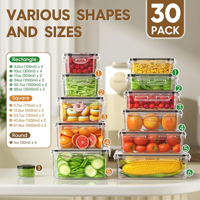 KEMETHY 60 PCS Food Storage Containers with Lids Airtight, Total 737oz, BPA-free, Food-grade, Eco-friendly Material, Leak Proof Plastic Containers, Microwave/Dishwasher Safe