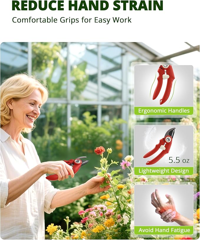 Pruning Shears 6.9" Professional Garden Shears Red | SK5 Stainless Steel Sharp Blades,Garden Clippers with Comfortable Grip Hands and Safety Lock,Gardening Tools for Men Women