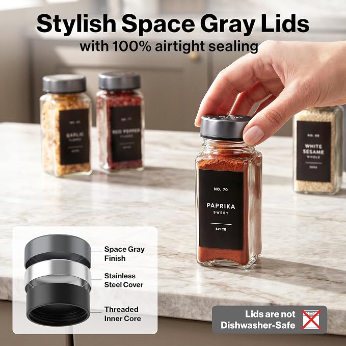 Glass Spice Jars with Label, 24x Space Gray Stainless Steel Lids | Airtight Lids keep spices fresh, Kitchen Spice Drawer Organizer, 4oz Seasoning Containers incl. Funnel, Brush & 240 Labels