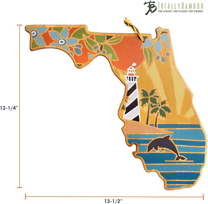 Totally Bamboo Florida State Shaped Cutting Board, Summer Stokes Art | State charcuterie board with colorful hand-drawn landscape art. Smooth reverse side for food prep. Hang tie for wall display.