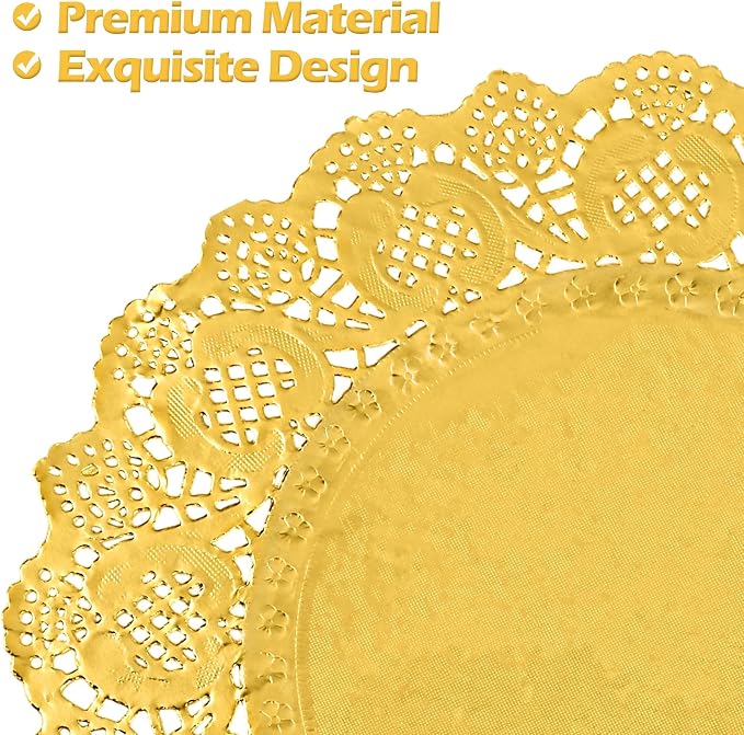 MCEAST 100 Pack Round Gold Paper Doilies 13.5 Inches Lace Place Mats Rustic Scallop Doily Disposable Paper Table Pads for Food Cakes Crafts Party Weddings Tableware Decor
