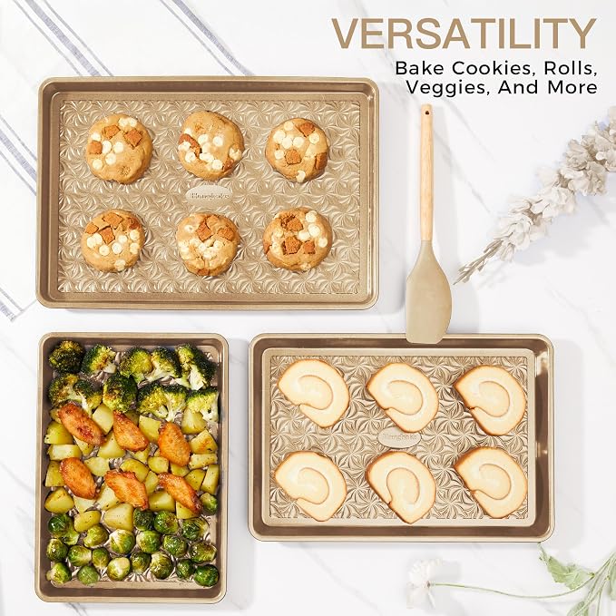 Nonstick Baking Sheet Pan Set of 3, Cookie Sheets for Oven, Non-Toxic Half/Quarter/Jelly Roll Pans with Floral Swirl Texture, Heavy Duty 0.8mm Thick Oven Trays for Cooking, Antique Gold
