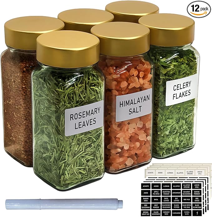 Glass Spice Jars with Label, 24Pcs Spice Jars with Shaker Lids-4 oz Gold Spice Seasoning Jars Bottles Containers Set for Spice Rack (24) (12)