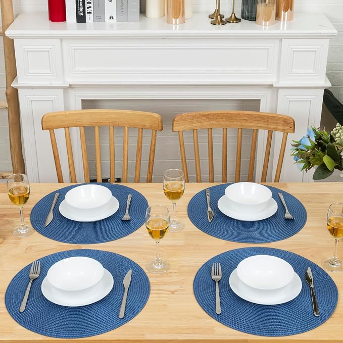 Winknowl Round Braided Placemats Set of 6 Washable Woven Heat Resistant Table Mats for Kitchen Dining Tables 15 inch Round Place Mats (Blue,6pcs)