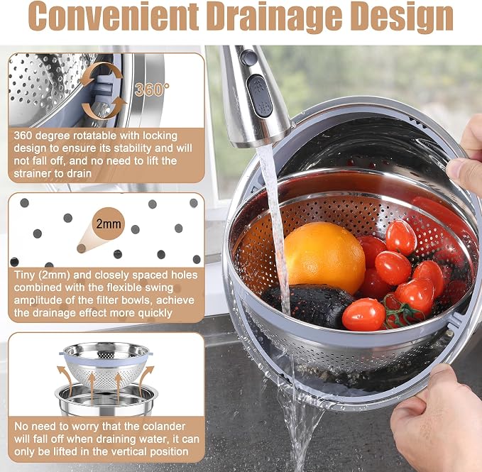 TeamFar Mixing Bowls with Colander, Stainless Steel Salad Bowls, Khaki | 4.6/ 3/ 1.5 QT Nesting Bowls Rotatable Fruit Strainer, with Lids & 3 Graters, Non-Slip Bottom & Visible Lid, Dishwasher Safe