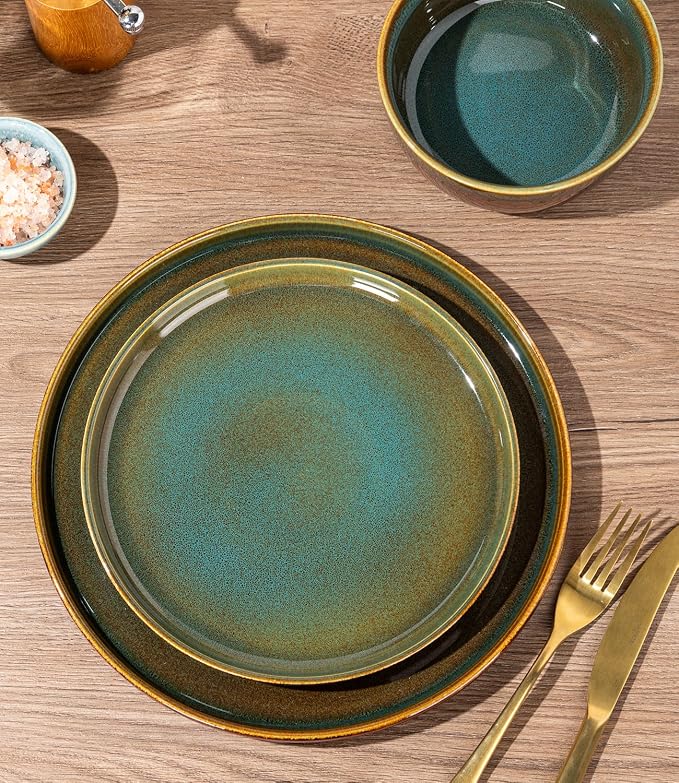GBHOME Dinnerware Sets for 8, 24 Pieces Ceramic Plates and Bowls Set | Scratch Resistant Stoneware Dishes Set, Dishwasher & Microwave Safe, Reactive Glaze-Brown Green