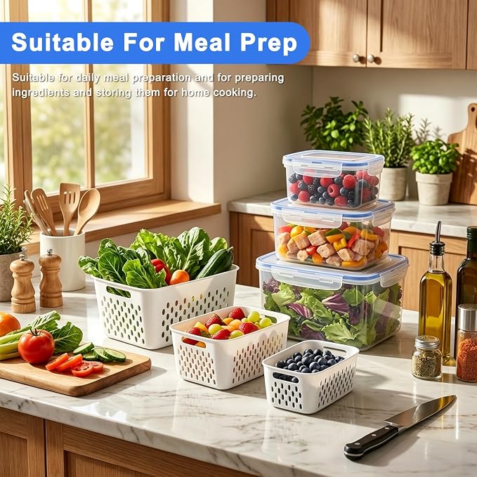 Produce Storage Containers 3-Pack – Colander Basket, Airtight for Fridge/Meal Prep