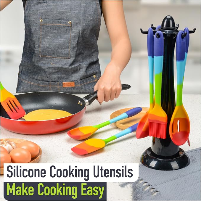 11-Piece Rainbow Silicone Spatula Bundle with Holder & Measuring Spoons – Multicolor Heat-Resistant Cooking Utensils for Nonstick Cookware – Flexible Turner, Spoon, Spatula, Brush, FDA Safe