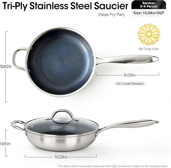 BRASA Nonstick Deep Frying pan with lid,10.24in/3QT,Stainless Steel Saute Pan,nonstick Cookware,Compatible Gas,Electric & Induction,Dishwasher safe PFOA Free(10.24in+5.9in trivet) Long Handle