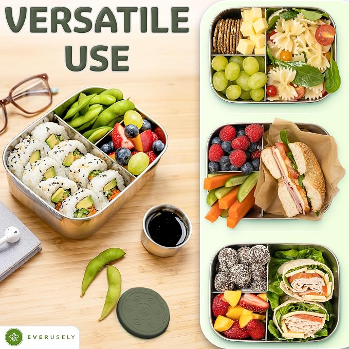 Stainless Steel Bento Box + Condiment Container - Sage, 27oz / 0.8 L | Everusely metal lunch box, leakproof sauce container, 3 compartment snack organizer for travel, freezer & dishwasher safe