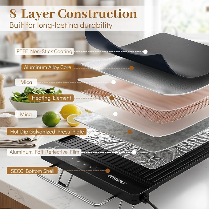 COSTWAY Electric Grill w/Removable Touch Panel, 1300W Indoor Griddle w/Adjustable Temperature, Fast Even Heating, Cool-Touch Handles & Foldable Legs, Dishwasher Safe IPX9 Waterproof Nonstick Plate