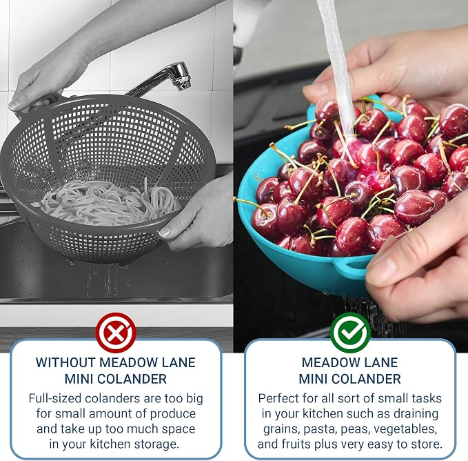 Meadow Lane 6-Inch Small Colander, 3-Cup Food Strainer, Light Blue | BPA-free, dishwasher-safe mini colander has a wide, shallow bowl, 1/8-inch holes, two handles, ring foot and smooth edges.