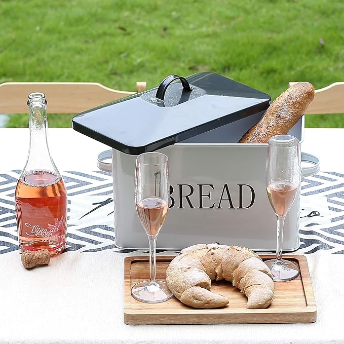 SOTECH Metal Bread Box with Lid for Kitchen Countertop Large Bread Bin kitchen Bread Food Snacks Storage Container Farmhouse BreadBox Grey Lid White Body with Side Handles