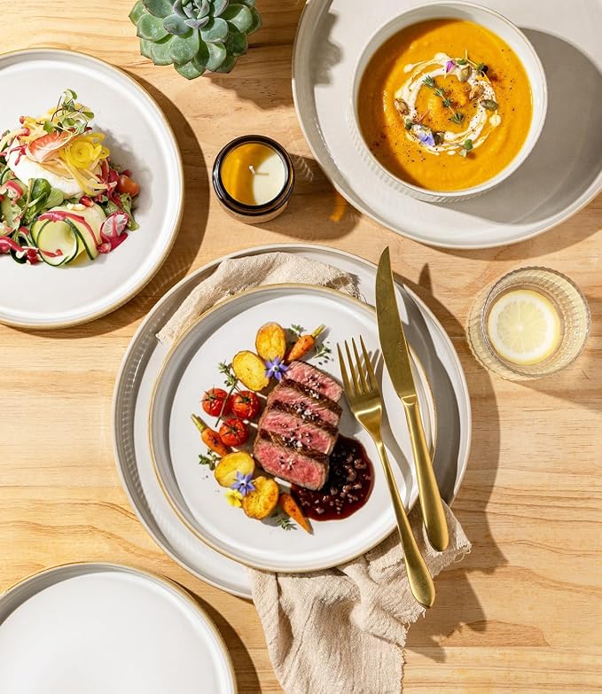 GBHOME Stoneware Dinnerware Sets for 4, 12 Pieces Plates and Bowls Set | Lightweight Ceramic Ribbed Dishes,Reactive Glaze Stackable Plate Set,Scratch Resistant,Microwave Dishwasher Safe,VanillaLatte