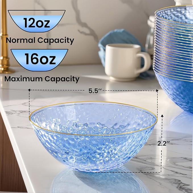 30 Pack 12 Ounce Blue Plastic Bowls Hammered Clear Bowl with Gold Rimmed, Heavy Duty Disposable Bowl Set,Elegant Small Bowls for Party, Weddings, Catering