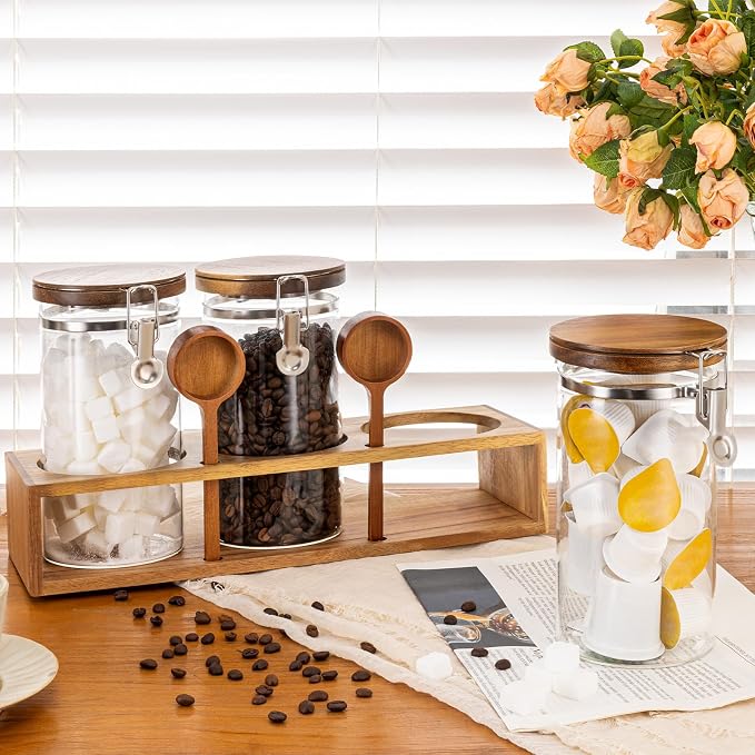 Coffee Canister with Shelf: 3P 45OZ Glass Airtight Coffee Holder | Large Capacity Coffee Container w/Acacia Scoop - Kitchen Food Storage Jar for Ground Coffee/Tea/Sugar/Cereal/Nuts/Coffee Bar