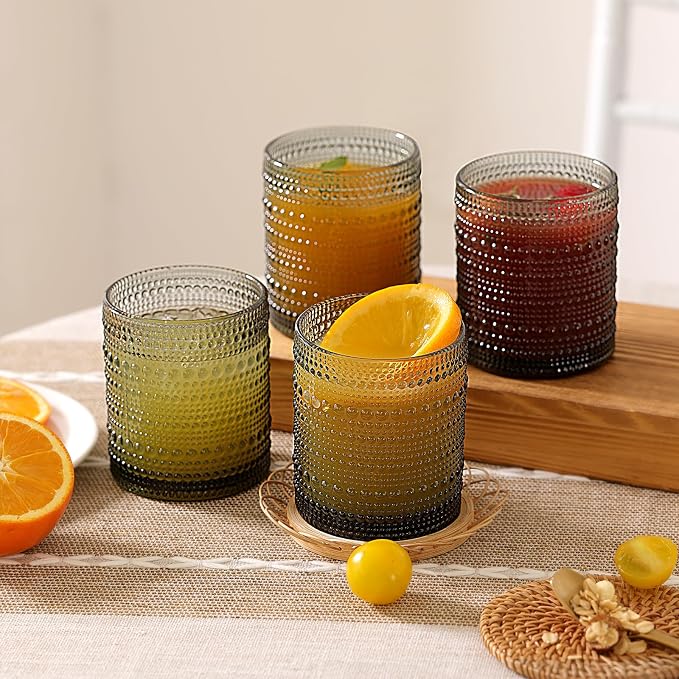 Moretoes 10oz Gray Hobnail Drinking Glasses Set of 6 Cocktail Glasses | Vintage Old Fashion Glassware, Textured Glass Cups Bubble Glasses Water Glasses Jupiter Glasses Set