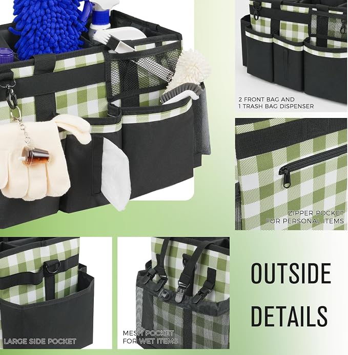 SCAVATA Wearable Cleaning Caddy, Cleaning Caddy Supplies Organizer with Handle & Shoulder Straps for Housekeepers, Under Sink & Car Cleaning Tool Organizers Bag with 4 Foldable Divider (GreenPlaid)