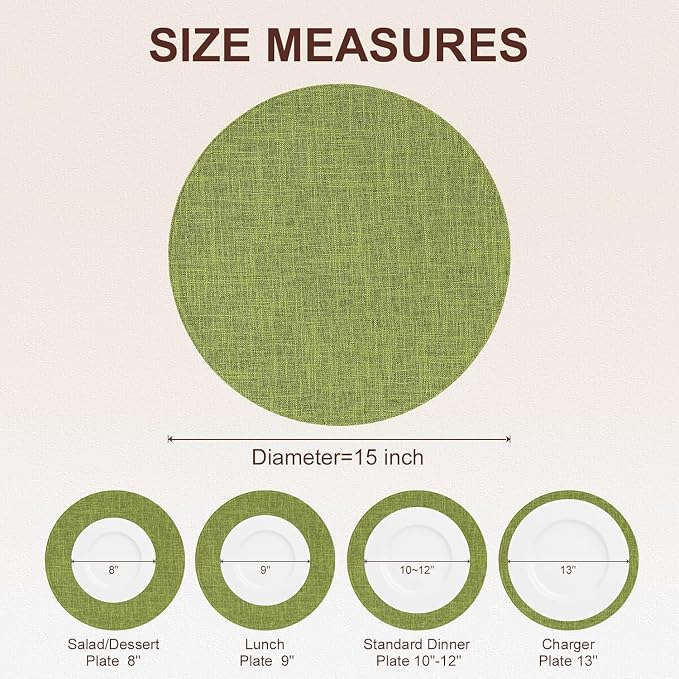 Cotton Linen 15 Inch Round Cloth Place mats, Set of 12, Grass Green | Washable Table Mats, Heat Resistant, Reversible, Wipeable Place Mats for Indoor Outdoor