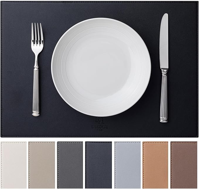 Baroyal Faux Leather Placemats Set of 8 Vinyl Washable Wipeable Table Mats for Kitchen Dining Table Heat Resistant Waterproof Modern Indoor/Outdoor Placemats Non-Slip Easy Clean Place Mats (Black)