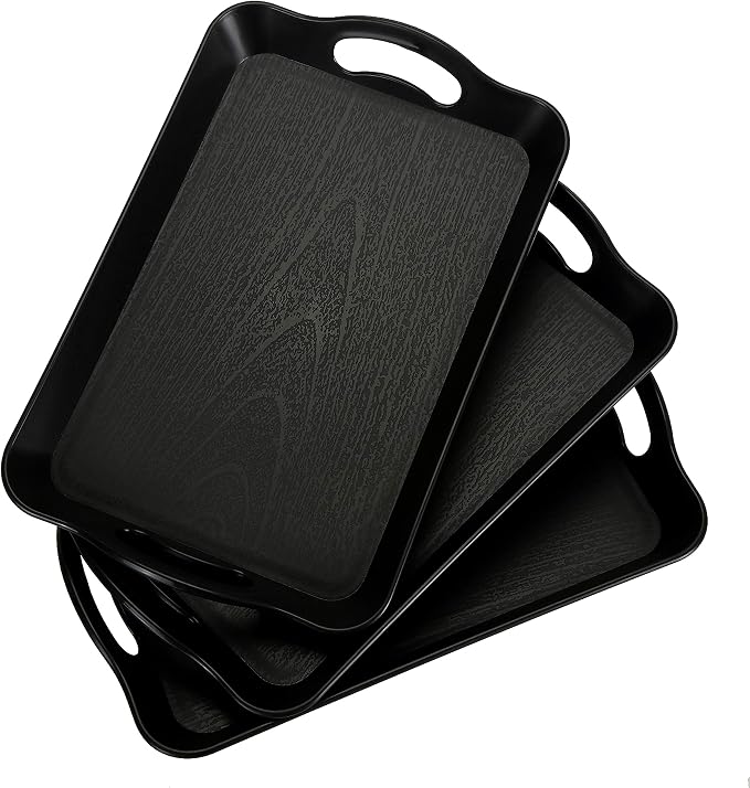 Cedilis 3 Pack Black Serving Trays with Handles,16 x 11IN Rectangular Non Skid Multi-Purpose Plastic OttomanTray for Restaurant, Parties, Coffee Table, Kitchen