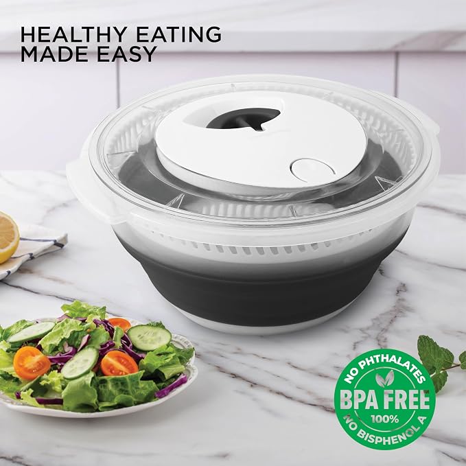 COOK WITH COLOR Collapsible Salad Spinner - 4 QT Space Saving Lettuce Dryer with Folding Collapsible Colander Great for Washing and Drying Fruit and Vegetables (Black)