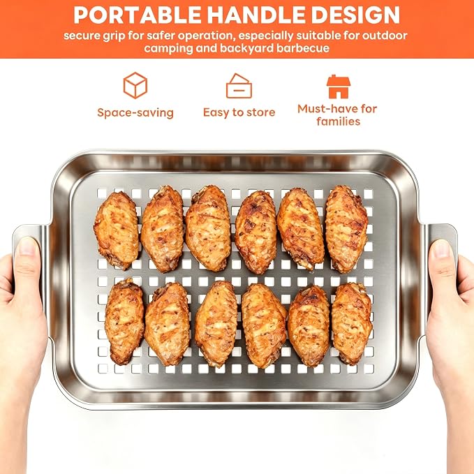 2PCS Grill pan, BBQ Grill Topper for Outdoor Grill with Hole, Stainless Steel, suitable for picnicking, camping, yard (2 pieces)