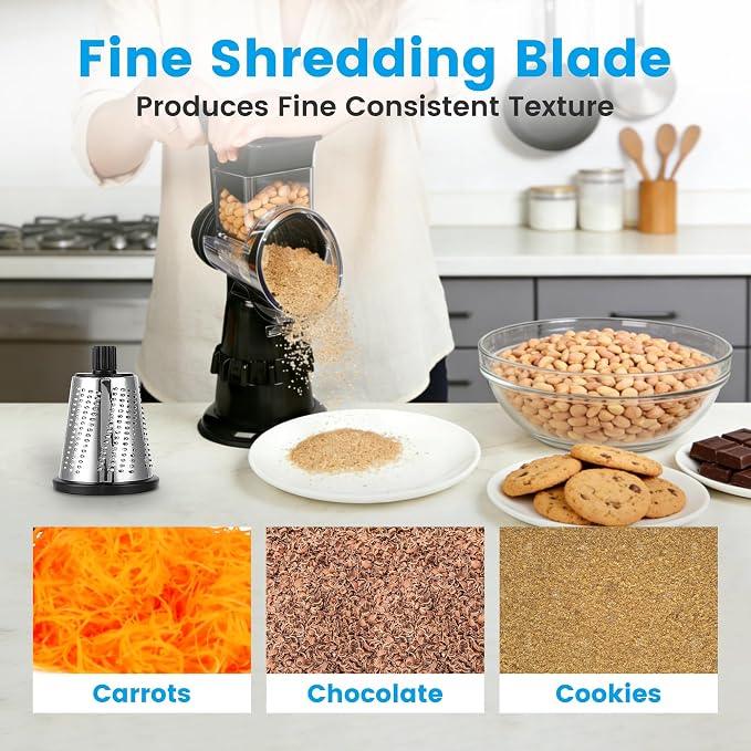Rotary Cheese Grater Hand Crank, Vegetable Slicer with 5 Blades, Stable Suction, Labor-Saving Handle, Cheese Shredder for Potato Vegetables Nuts Chocolate, Black