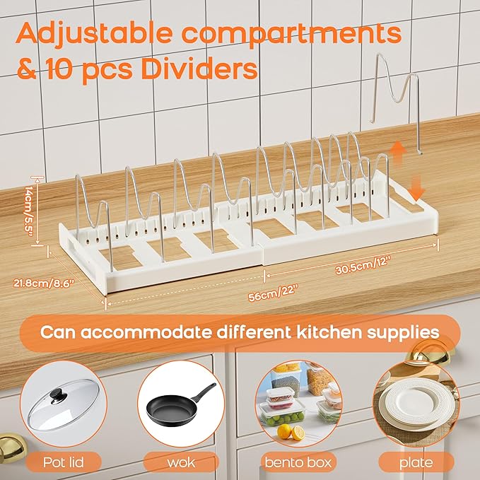 Nigelia Pots and Pans Organizer for Under Cabinet 22" Expandable Food Storage Container Lid Organizer with 10 Adjustable Dividers Pot and Pan Lid Holders Rack Inside Cabinet & Kitchen Countertop White