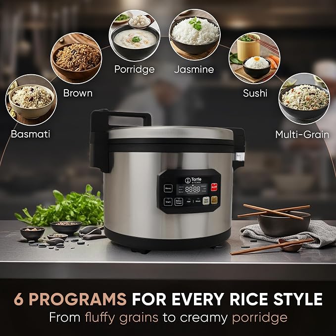 TK Commercial Rice Cooker 64 Cup - Multi-Grain, Brown Rice & More, 7h Warm | For white, brown & mixed-grain rice; 32 cups raw ready in 45min; 8 cooking modes; 3D heating; Swappable TK pot; Cup & scoop