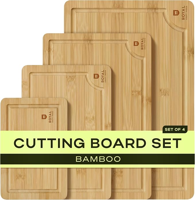 ROYAL CRAFT WOOD Wooden Cutting Boards for Kitchen Meal Prep & Serving - Bamboo Wood Serving Board Set with Deep Juice Groove Side Handles - Charcuterie & Chopping Butcher Block for Meat
