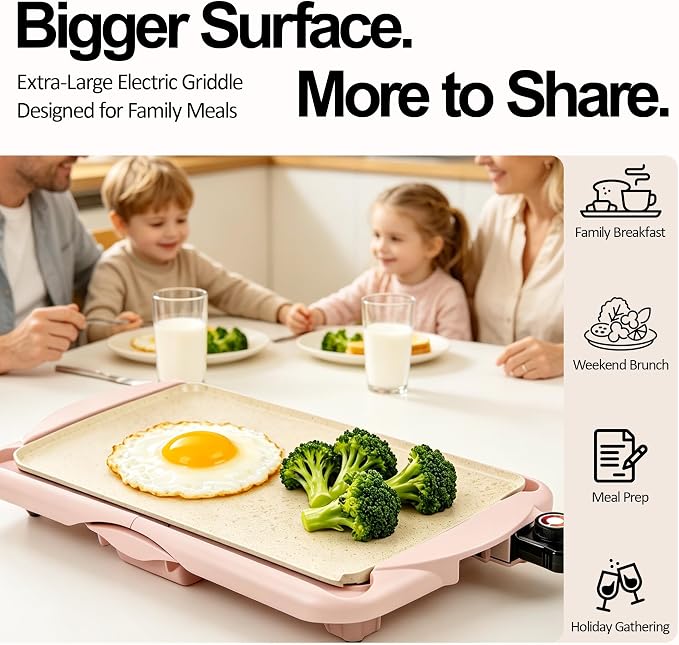 20" Pink Electric Griddle & Skillet with Ceramic Non-Stick Surface, 1400W Family-Sized Extra Large Baking Pan, Adjustable Temperature & Slide-Out Drip Tray