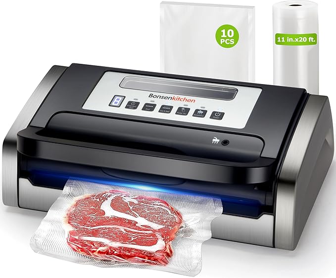 Bonsenkitchen Vacuum Sealer with Easy Handle Design,1 Bag Roll & 10 Bags | Powerful Suction Food Vacuum Sealer, Low-Noise, Fast Continuous Sealing for Bulk Buy, Built-in Cutter & Bag Storage, Black