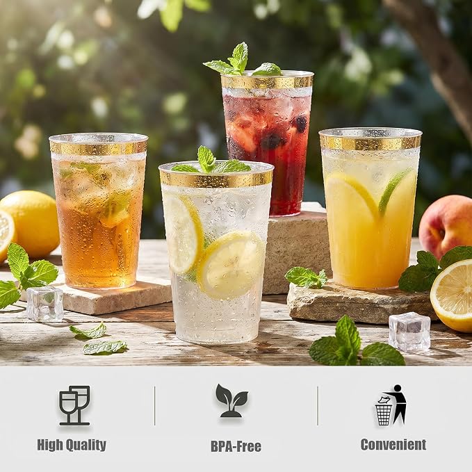 I00000 200 Pack Gold Plastic Cups, 10 oz Clear Plastic Cups Gold Rimmed Disposable Wine Glasses Fancy Disposable Party Cups Wedding Cup Drinking Tumblers Cocktail Glasses with Gold Rim