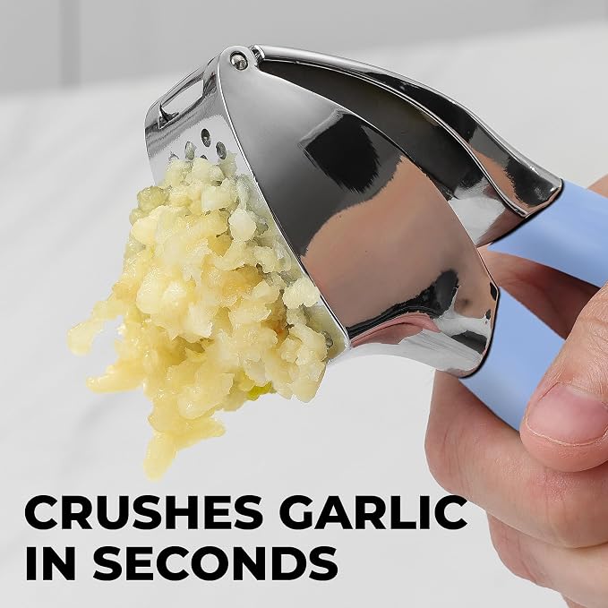 Zulay Kitchen Metal Comfort Grip Garlic Press | Garlic Mincer Tool - Garlic Crusher - Rust Proof Garlic Press, Ergonomic Handle, Easy Clean with Peeler and Brush - Baby Blue