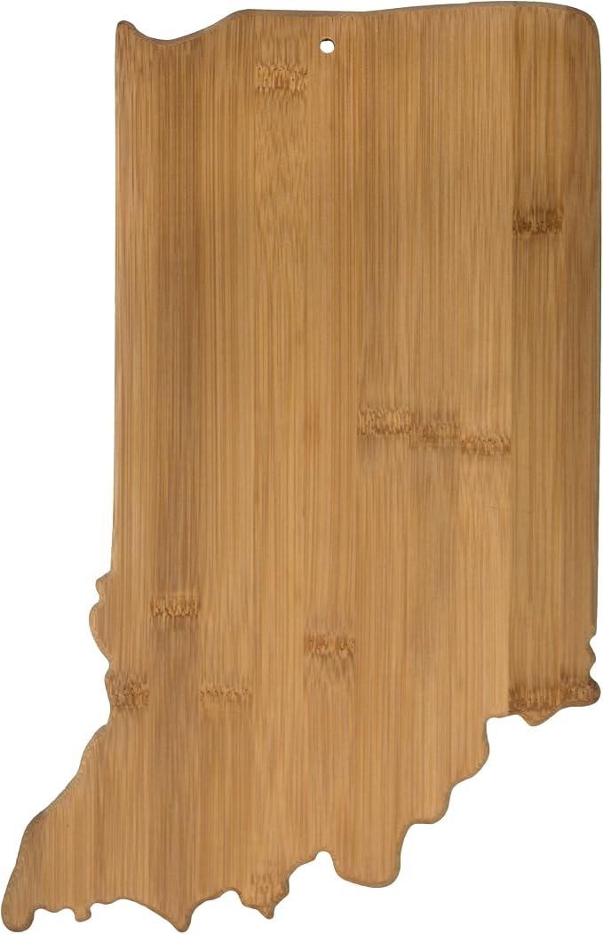 Totally Bamboo Indiana State Shaped Bamboo Serving and Cutting Board | State charcuterie board with natural bamboo grain. Knife-friendly surface for food prep. Hang tie for wall display.