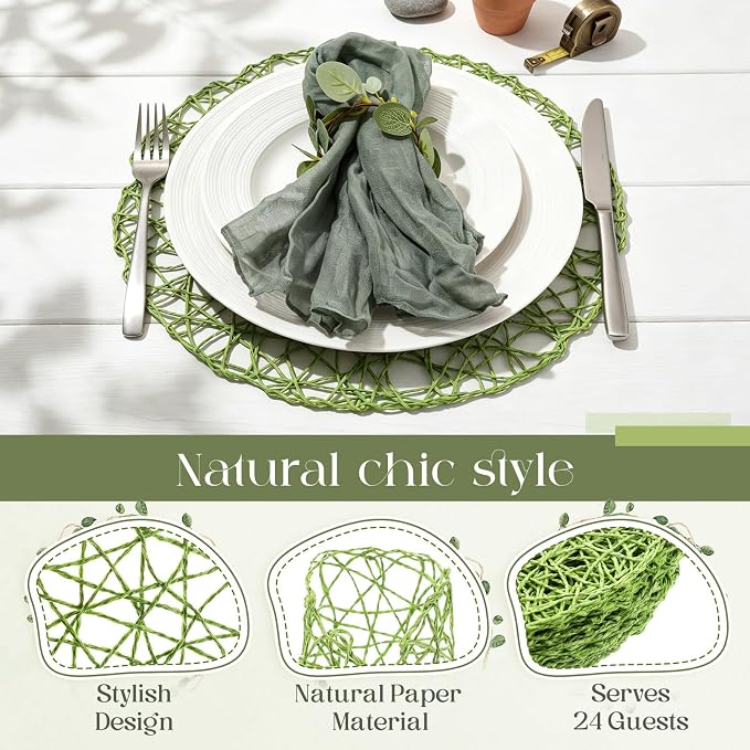 Geosar Round Woven Placemats Bulk Rustic Paper Braided Placemats Boho Natural Non Slip Heat Resistant Table Mats for Wedding Party, Dinner Table Centerpiece Decoration, 13 Inch (Green,24 Pcs)