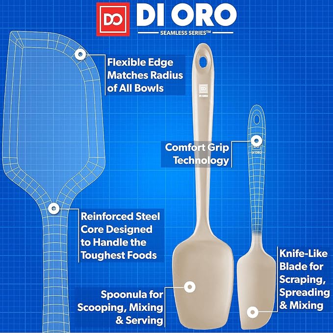 DI ORO Silicone Spatula Set - 600F Heat Resistant, 3-Pc Clay | Rubber scraper won't scratch nonstick pans; For baking, cooking, mixing, and frosting; BPA-free and dishwasher safe