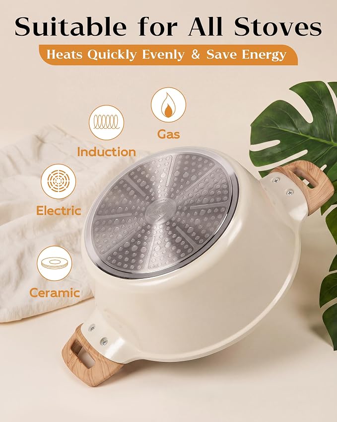 FDN Titanium Ceramic Cooking Pot with Lid, Pfos & Pfoa Free Nonstick Stock Pot, Large Soup Pot, Big Pots for Cooking, Multipurpose Cookware, Ollas Antiadherentes Para Cocinar, Cacerolas, White