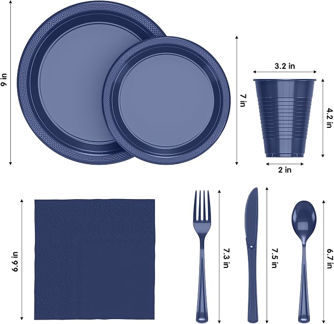 350 Pcs Navy Plastic Plates For Party, Navy Disposable Plates Set, 50 Of Each 9" Dinner Plate Set, 7" Dessert Plate, Cups, Napkins & Cutlery Plastic Dinnerware Set Exquisite